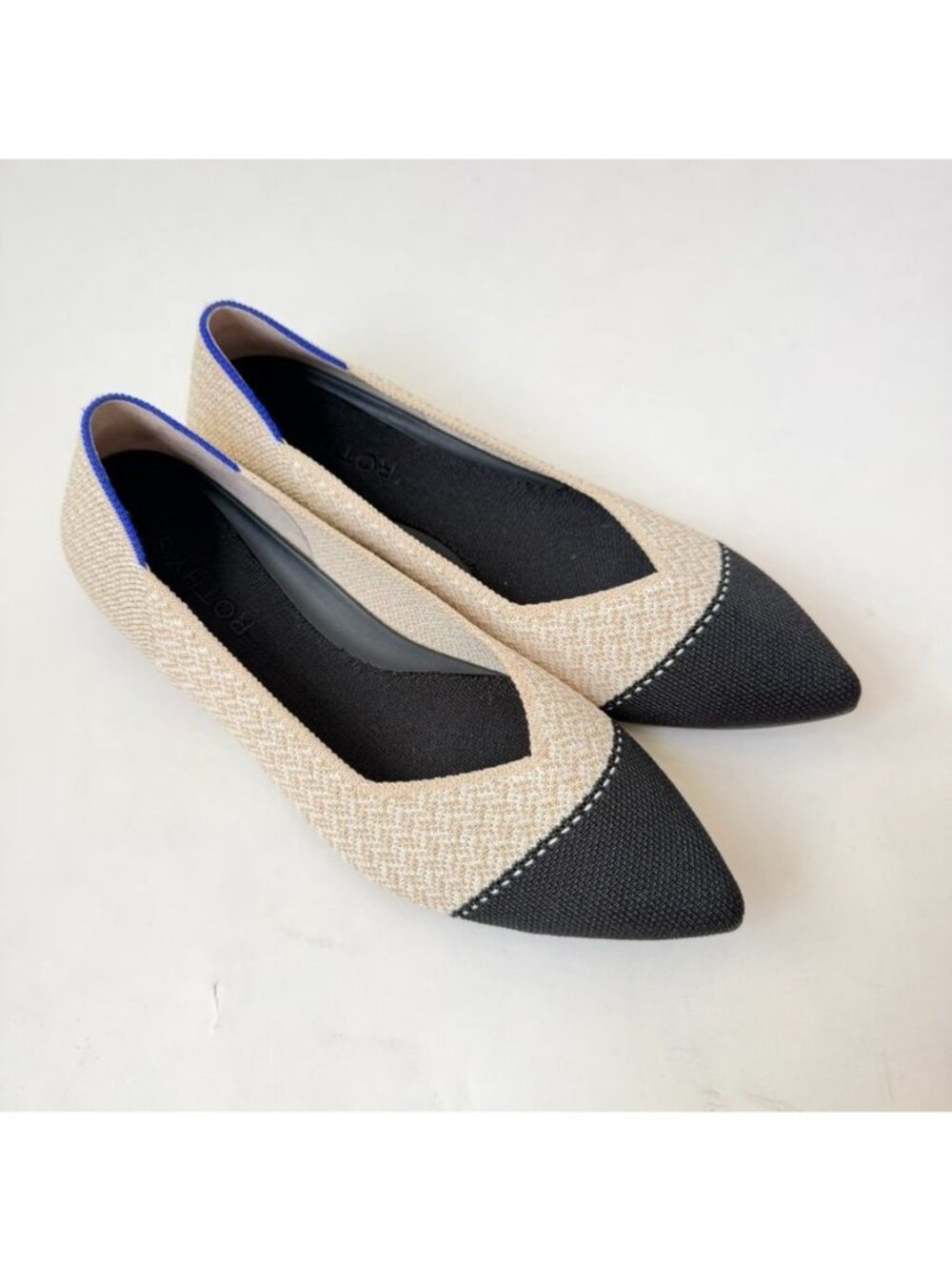 Rothy’s The Point II Herringbone Cap Toe Flats Womens Size 7 Cream Black